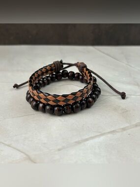 Layered Brown Bead and Braided Leather Bracelet Set